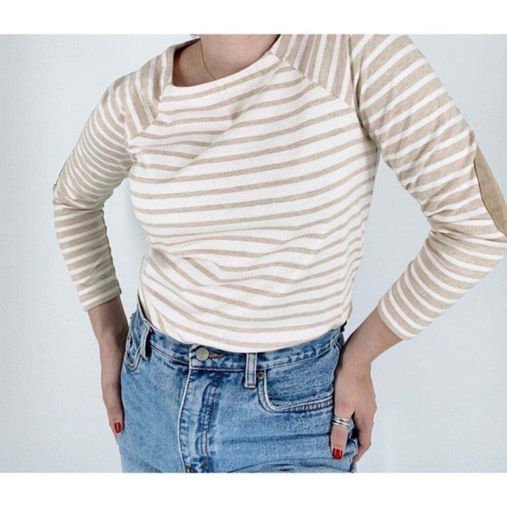 Vineyard Vines Tan & Cream Heather Suede Elbow Stripe Top Size XXS - Picture 2 of 4